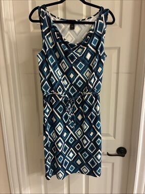Ann Taylor Teal and White Geometric Cowl-Neck Midi Dress